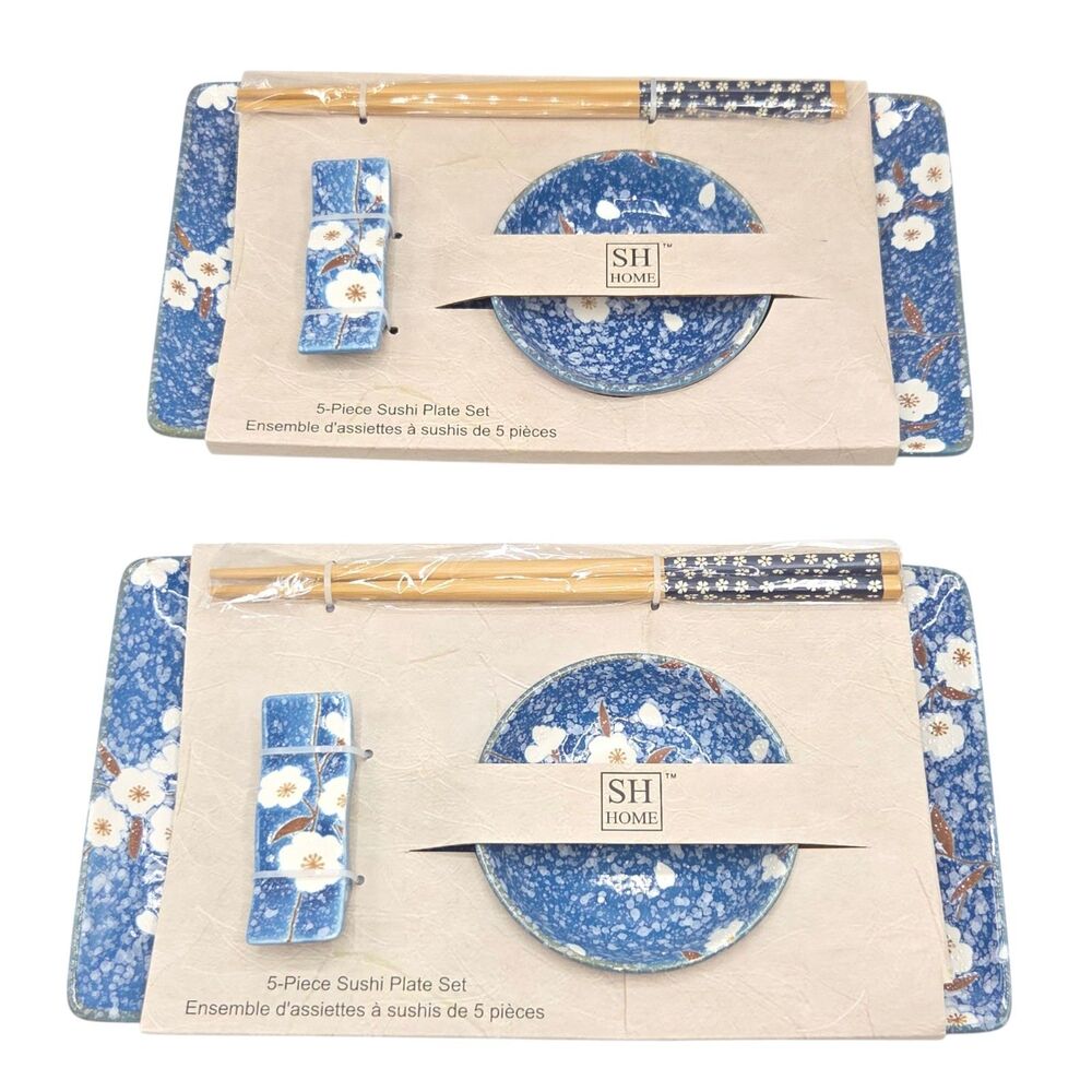SH Home 10-Piece Ceramic Sushi Plate Set of 2 Blue Sakura Cherry Blossom 8"x4.5"